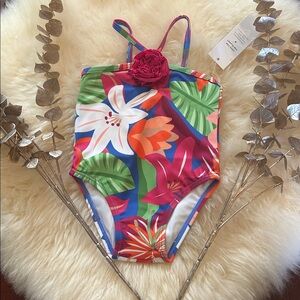 NWT Janie and Jack retro blue green pink floral girls swimsuit NEW!